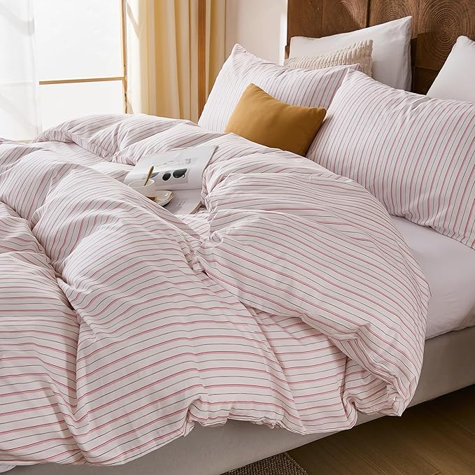 Merryword 100% Cotton Duvet Cover Set Queen Size - White & Pink Stripes Duvet Cover with Pillowcases, Soft Breathable Bedding Set Modern Minimalist Pinstripe Comforter Cover for All Seasons