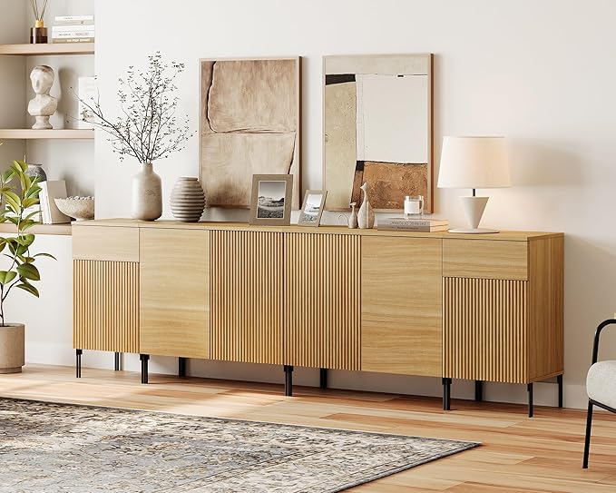 WAMPAT 94.5" Buffet Sideboard Cabinet with 2 Drawers & 6 Doors,4-in-1 Fluted Storage Credenza with Charging Station,Modern Buffet Table Coffee Bar Wine Bar Cabinet for Dining Room, Living Room,Oak