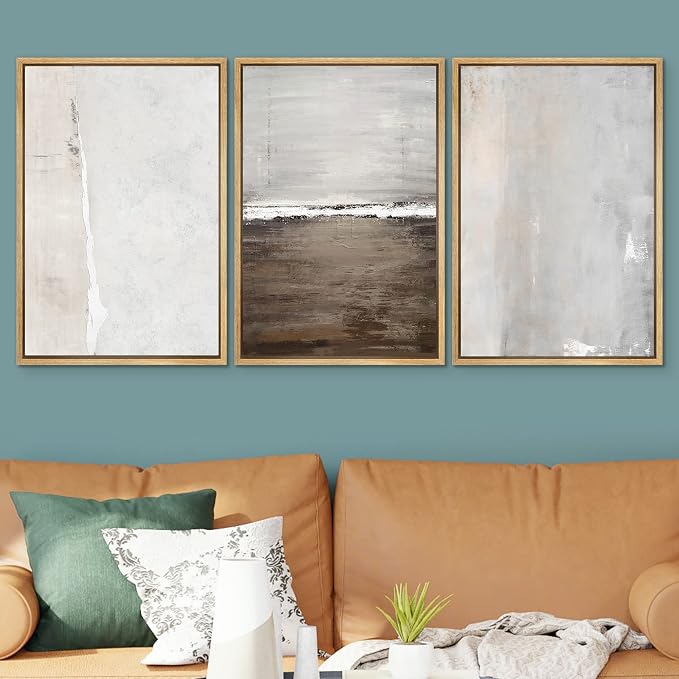 SIGNWIN Framed Canvas Print Wall Art Set Gray Grunge Watercolor Landscapes Shapes Abstract Illustrations Modern Art Decorative Nordic Chic for Living Room, Bedroom, Office - 16"x24"x3 Natural