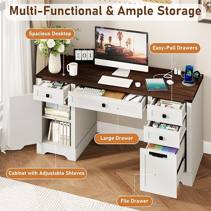 Squireewo 58'' Farmhouse Home Office Desk with Drawers, Wooden Executive Desk with Charging Station, File Drawers and Storage Cabinet, Computer Desk for Work, Study and Writing, Rustic White