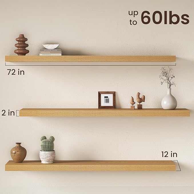 Fun Memories 72 Inch Floating Shelves, 12 Inch Deep Wall Shelf for Fireplace Mantel, Deep Storage Shelves for Home & Office, Long Floating Shelf with Invisible Bracket, Oak, Set of 2