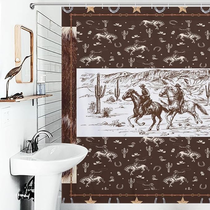 Western Horse Cowboy Shower Curtain for Boys Men Kids Teens Rustic Country Wild West Waterproof Shower Curtains for Bathroom Decor 12 Pack Hooks 72x72in (183x183cm)