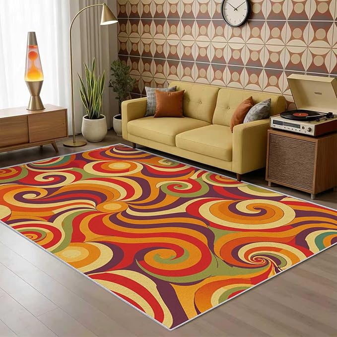 70s Retro Rug Large 7x10 Swirl Psychedelic Groovy Hippie Pop Pattern Area Rugs for Living Room, Bedroom, 70s Retro Home Decor Accessories Indoor Carpet, Non Slip & Machine Washable, GD0321
