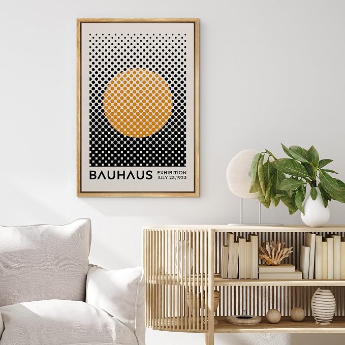 MUDECOR Framed Canvas Print Wall Art Mid-Century Bauhaus Black Orange Grid Dot Sun Shapes Abstract Illustrations Modern Art Multicolor Relax/Calm for Living Room, Bedroom, Office - 16"x24" Natural