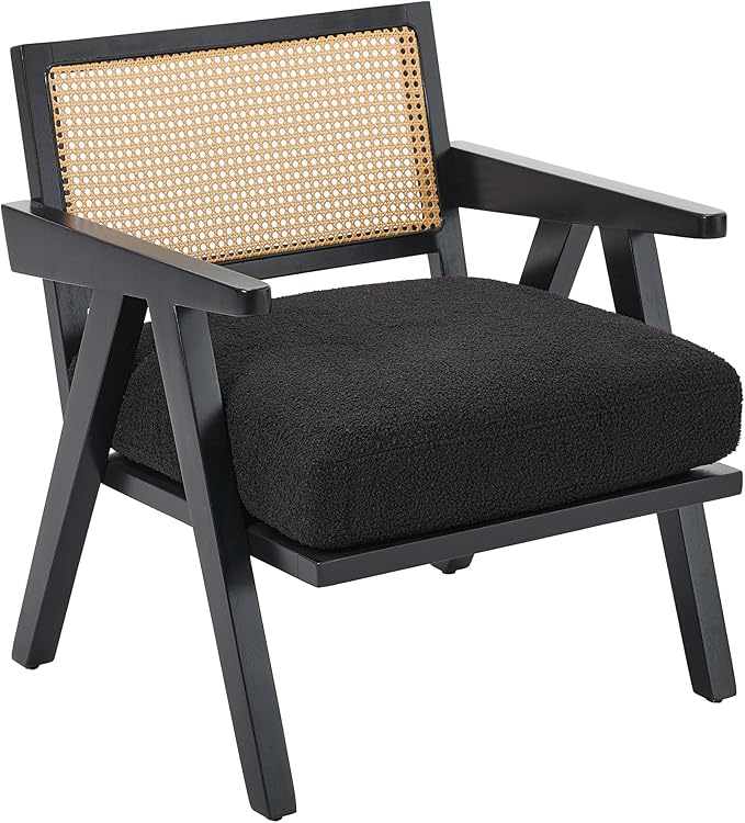 Mid Century Modern Accent Chair, Comfy Living Room Chairs with Sturdy Wood Legs, Rattan Backrest & Beige Thick Linen Cushion, Armchair for Bedroom Balcony Apartment, Black