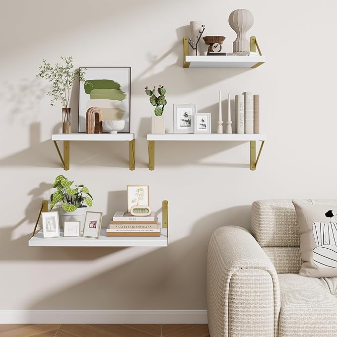 Deep Wall Shelves 55"W x 12"D Engineered Wood Floating Shelves for Wall, Sturdy Metal Bracket(Gold) Bookshelves Home Decor Storage for Living Room Bedroom Bathroom Kitchen, Set of 2, White Finish