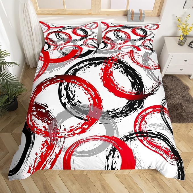 Geometric Circle Duvet Cover Set King Size,Graffiti Retro Striped Swirls Bedding Set,Boys Girls Room Decor,Abstract Aesthetic Stripes Comforter Cover,Red White Quilt Cover,2 Pillowcases(No Filler)