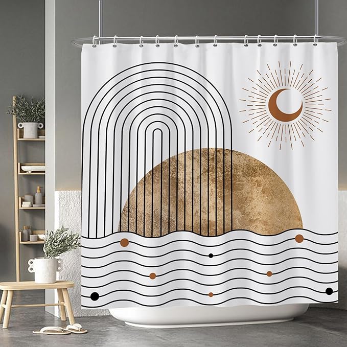 Baocicoo Boho Mid Century Shower Curtain Abstract Wave Shine Crescent Abstract Sun and Moon Shower Curtain for Bathroom Cubicle Durable Fabric Waterproof Curtain for Bathroom with Hooks 72x72 Inches