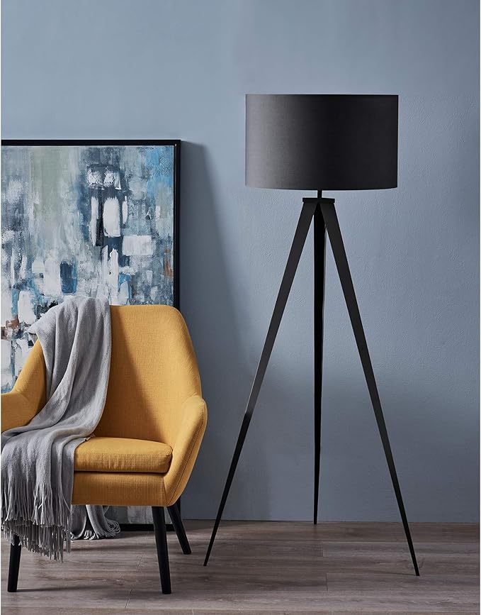 Versanora Romanza Modern LED Tripod Floor Lamp Tall Standing Light with Drum Shade Metal Legs for Living Room Study Reading Bedroom Home Office, 60 inch Height, Matte Black