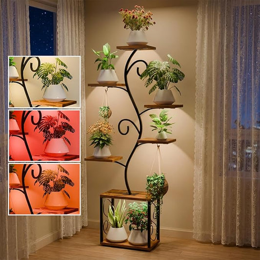 64" Plant Stand Indoor with Grow Lights, Tall Plant Shelf for Indoor Plants, 7 Tiered Plant Rack with Larger Flower Holder, 3 Light Modes, Corner Plant Stand with Adjustable Brightness & Timer