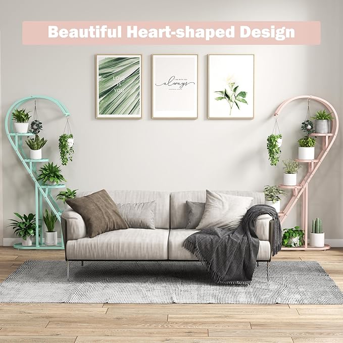 Giantex 5 Tier Metal Plant Stand Indoor, Creative Heart-shaped Ladder Plant Shelf with Hanging Hook for Multiple Plants, Tiered Flower Display Shelf, Tall Plant Stand for Valentine's Day Home Holiday