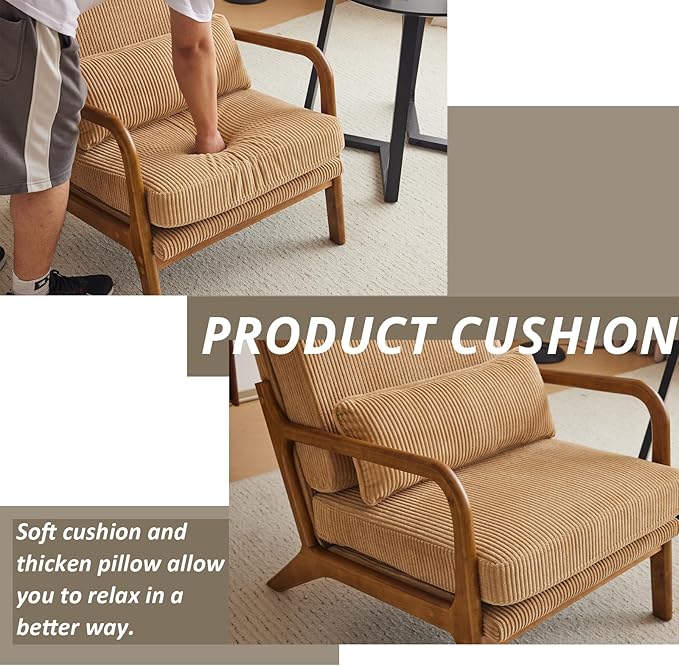 Karl home Mid-Century Modern Accent Chair, Living Room Chairs with Pillow High Back Corduroy Upholstered Lounge Armchair with Solid Wood Frame & Soft Cushion for Bedroom, Reading Room, Khaki