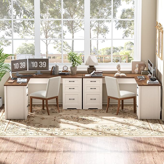 Vabches Farmhouse 59" L-Shaped Executive Desk with 2 File Drawers 4 Storage Drawers, Wood Corner Computer Desk Sturdy Writing Workstation with 6 Drawers, Computer Writing Desk for Home Office，White