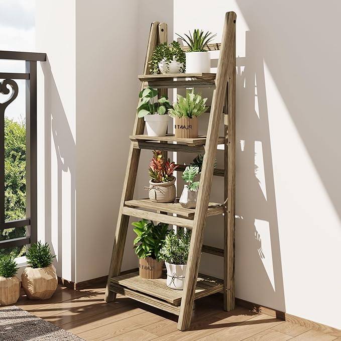 Ladder Shelves - Folding Wooden Ladder Bookshelf, 4-Tier Retro Plant Stand Storage Shelves for Home Living Room, Light Brown