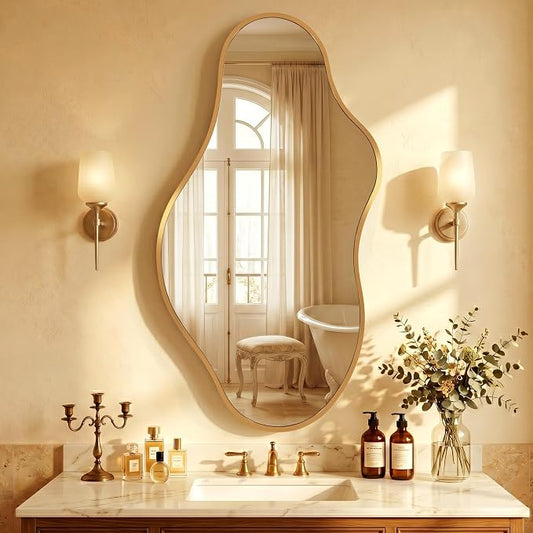 Dorlicecass Bathroom Mirrors for Over Sink - Long Wall Mirrors Decorative 24"x 43" Asymmetrical Abstract Aviation Aluminum Alloy Frame Unique for Bedroom, Living Room, Cloakroom, Entryway Gold