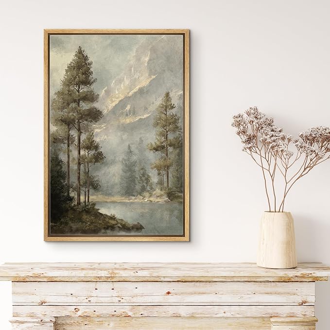 MUDECOR Framed Canvas Print Wall Art Pine Forest and Mountain View Classic Nature Landscape Illustrations Minimalism Decorative Bohemian Zen for Living Room, Bedroom, Office - 24"x36" NATURAL