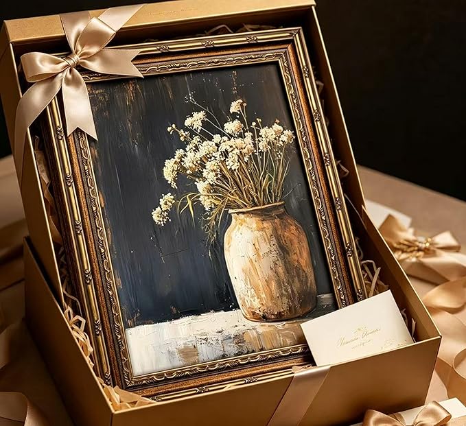 Vintage Gold Framed Wall Art,Fall Dried Flowers Antique Vase Country Oil Painting Canvas Prints,Dark Moody Rustic Farmhouse Floral Still Life Picture,for Living Room Bedroom Shelf Decoration, 9x11in