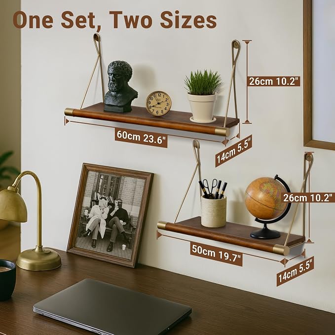 Afuly Mid Century Modern Decor Walnut Floating Shelves for Wall Mounted Shelf Unit Solid Wood Rustic Decorative Shelving Living Room Bedroom Coffee Bar Bathroom Display Plant Photo 24in&20in