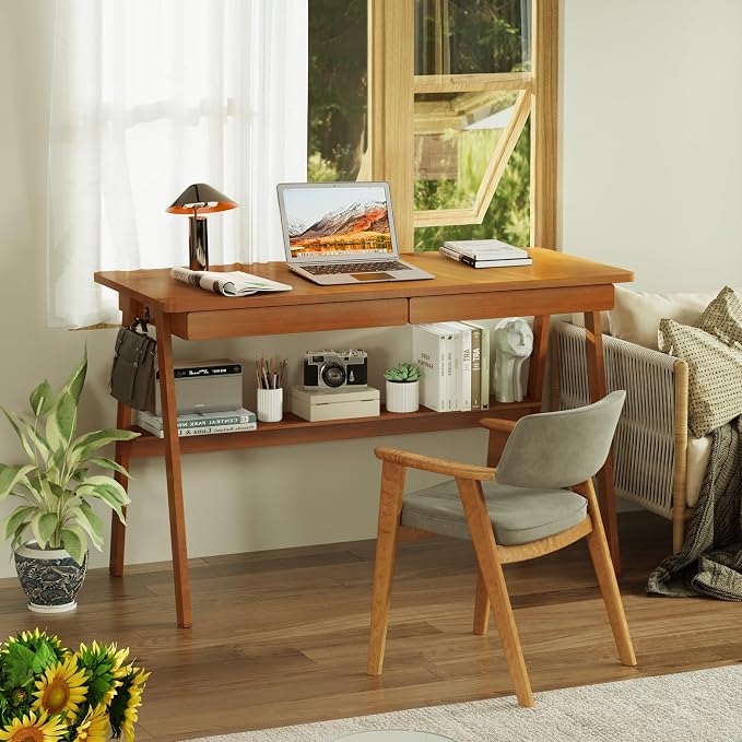 100% Solid Wood Writing Desk - 47.2" Mid Century Modern Desk, Home Office Desks with 2 Drawers and Storage Shelf, Small Computer Desks, Study Makeup Workstation for Bedroom/Living Room, Walnut