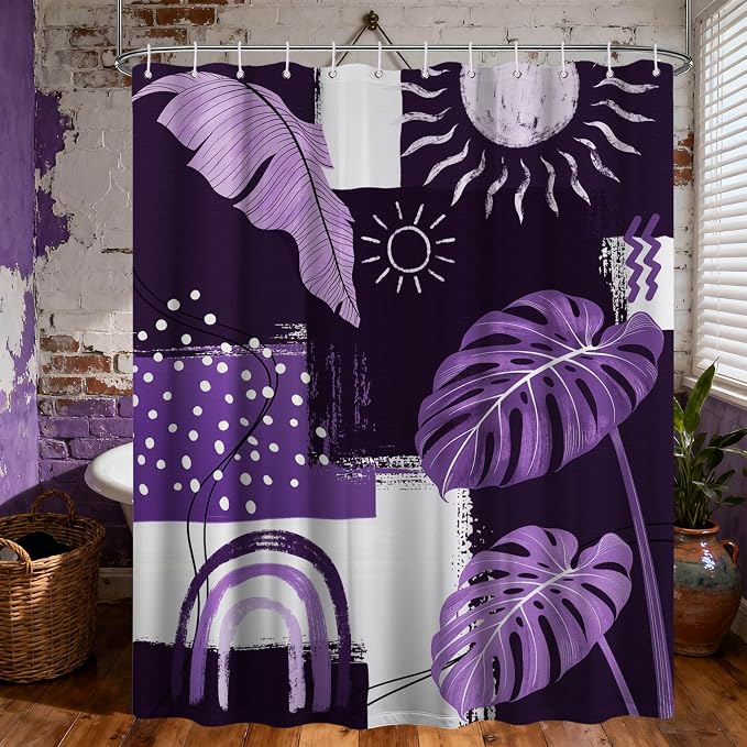 Purple Mid Century Modern Shower Curtain Bohemian Abstract Lavender Shower Curtains for Bathroom Decor Sets, Waterproof Cloth Fabric with Hooks, 72x84 Inch