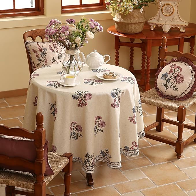 ISAENNE Designer Linen Light Beige Small Round Tablecloth,French Colorful Floral Table Cloth,Stain Resistant Decor Tablecloths for Dining Thanksgiving Christmas Kitchen,Diameter 55"-Helena E
