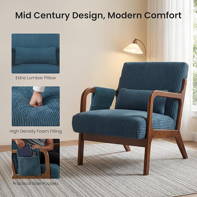 DUMOS Accent Chairs Set of 2, Mid Century Modern Accent Chair with Lumbar Pillow and Solid Wood Frame, Upholstered Armchair Reading Chair for Living Room, Bedroom, Navy Blue