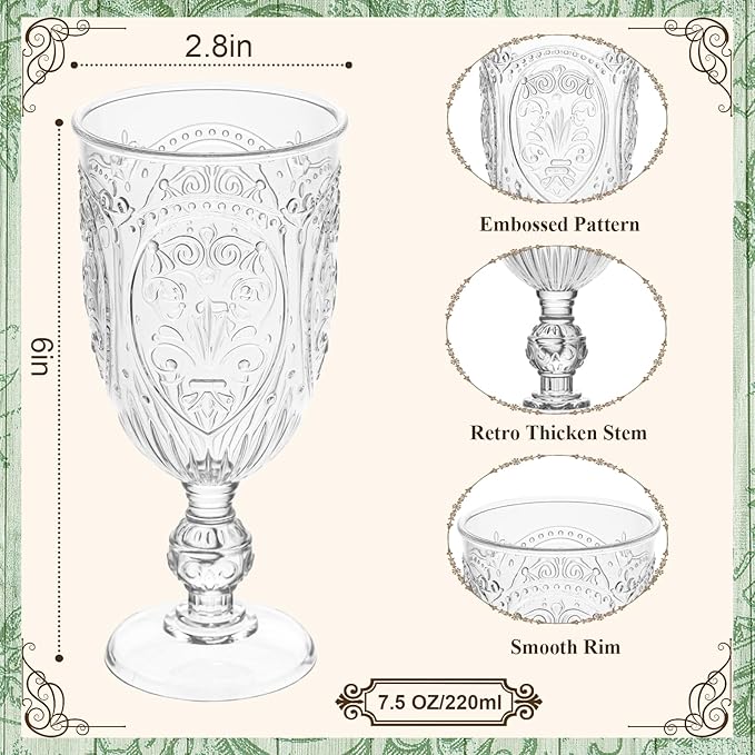 Plastic Wine Glasses 12Pcs Plastic Goblets 7.5oz Colored Retro Embossed Glassware Vintage Stemmed Drinking Cup Reusable Water Goblets for Wedding Reception Grand Event Party Bar,Whiskey (Clear)