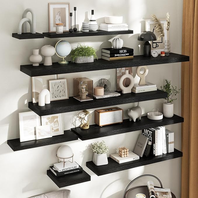 Floating Shelves for Wall with Invisible Brackets, Wall Mounted Engineered Wood Shelves with Wood Grain for Living Room, Bedroom, Bathroom, Kitchen Decor and Storage, Oak, 71"L Set of 2, Black