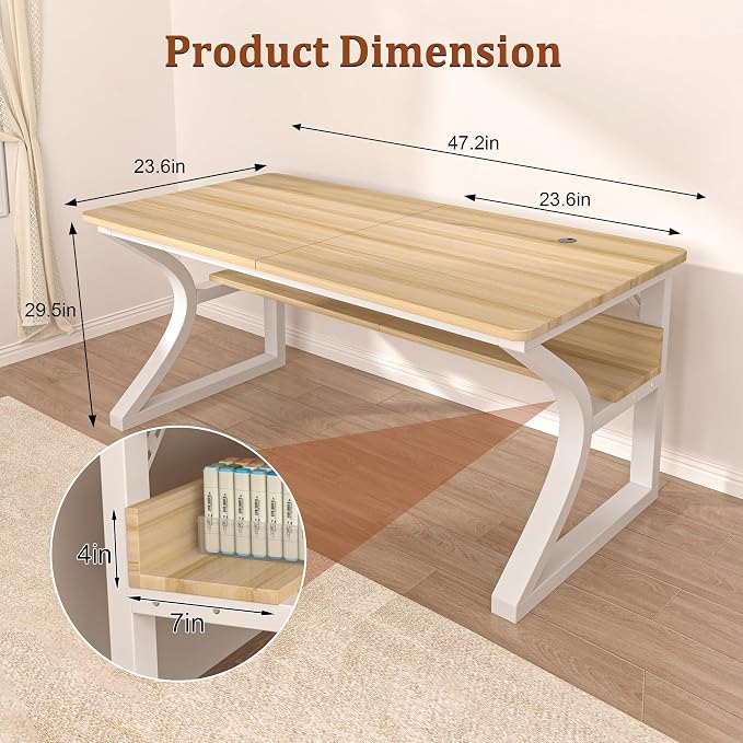 AZN Computer Desk, 47x24 in Computer Desk, Office Desk w/Storage & U-Size Metal Frame for Home Office Bedroom Gaming, Office Desk w/Water-Resistant, Scratchproof Surface, Light Walnut