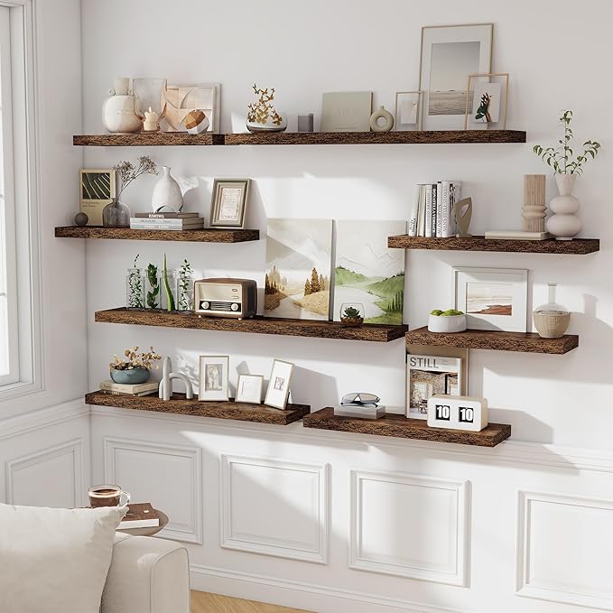 Floating Shelves for Wall, 28 Inch Floating Shelves Set of 2, Wall Mounted Rustic Wood Shelf for Bathroom, Living Room, Bedroom and Kitchen, Hanging Shelf for Storage, Books, Home Decor, Rustic Brown