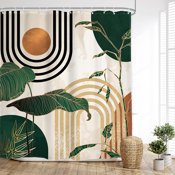 Glawry Extra Long Shower Curtain 72Wx84L Inches Boho Abstract Mid Century Green Tropical Palm Tree Bathroom Minimalist Modern Aesthetic Geometric Bath Accessories Art Home Decor Fabric 12 Pack Hooks