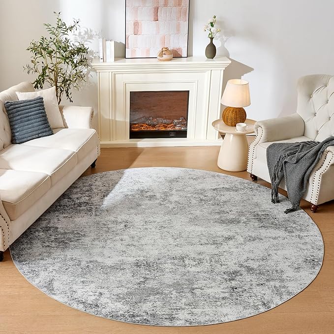 WITSHOCK 8ft Round Area Rug for Living Room: 8x8 Washable Neutral Modern Abstract Soft Thin Rug Indoor Floor No Slip Rug Carpet for Bedroom Under Dining Table Home Office Decor (Gray)