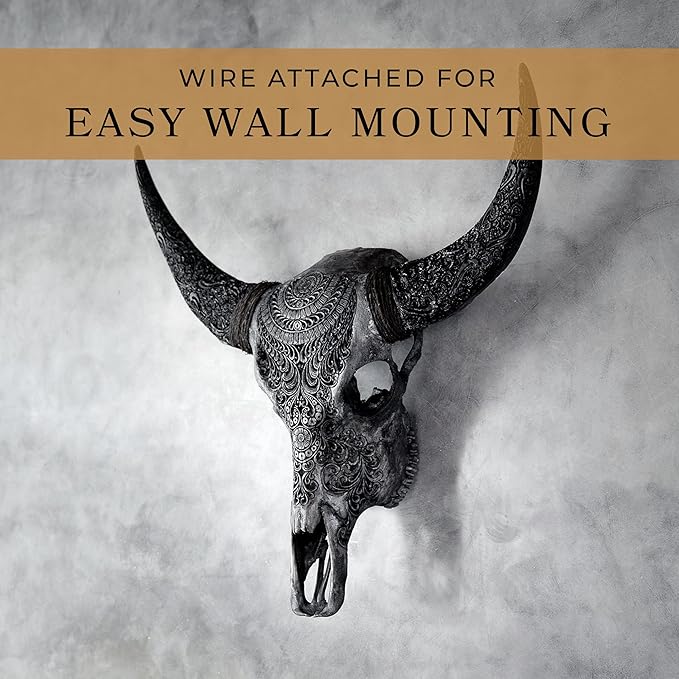 Skull Bliss - Hand-Carved Real Authentic Taxidermy Cow Skull/Bull Skull Wall Decor with Horns/Real Animal Cow Skull Wall Decor (Hand-Carved Horns)