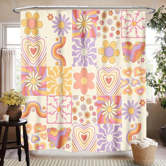Groovy Floral Shower Curtain for Bathroom,Rustic Vintage Hippie Pink 70s Flower Rainbow Swirl Checkered Funky Trippy Cute Boho Waterproof Fabric Shower Curtain Set with Hooks, 72"x72"