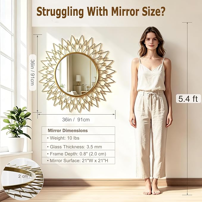 Large Sunburst Wall Mirror 36" - Vintage Gold Metal Frame Round Mirror for Wall - Mid Century Modern Statement Decorative Mirror for Living Room, Entryway, Fireplace Mantel