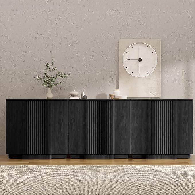 Yechen Buffet Cabinet with Storage, 94.5" Accent Sideboard Modern Credenza Set of 3 with Doors & Adjustable Shelves Fluted Media Console Wood Coffee Bar Table for Living Kitchen Dining Room Black