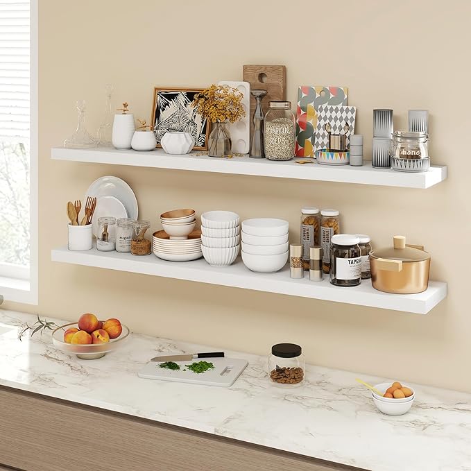 55 Inch Floating Shelves, 9.3" Deep Floating Shelf Wall Mounted, 56" Wall Shelves, Rustic Deep Bookshelf, Large Display Shelves & Storage Shelves for Bedroom, Living Room, White, Set of 2