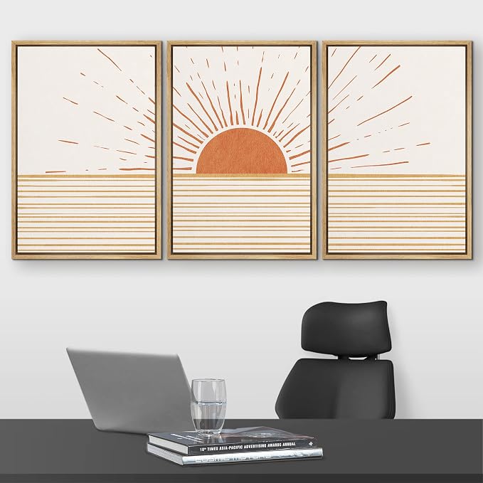 wall26 Framed Canvas Print Wall Art Set Mid-Century Ocean Sunset Sun Horizon Nature Abstract Illustrations Modern Art Bohemian Decorative for Living Room, Bedroom, Office - 24"x36"x3 Natural