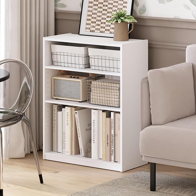 Furinno GEHRY Book Shelf, 3-Tier Small Bookshelf, Bookcase with Adjustable Shelves, 11.6 x 24.8 x 31.6, for Organization and Storage, for Living Room, Bedroom, Home Office, White