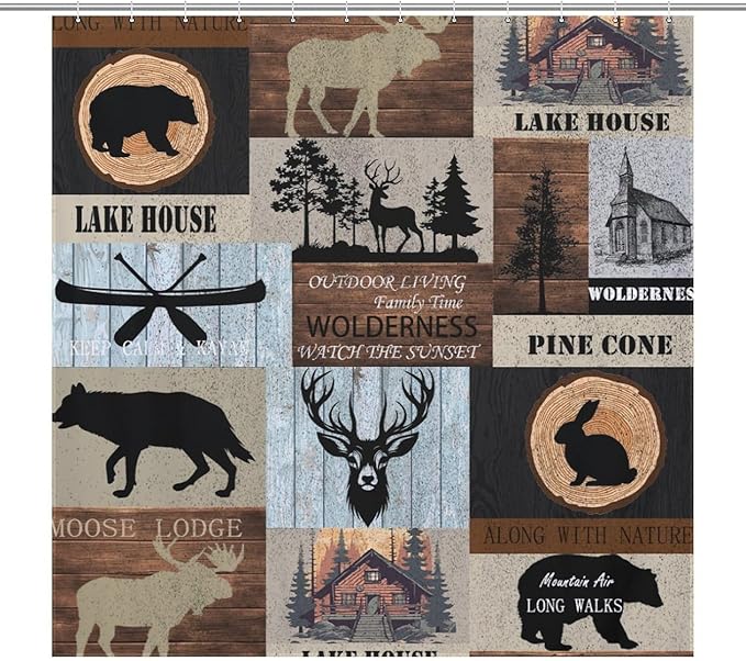 Rustic Cabin Shower Curtain Bear Deer Forest Wildlife Country Lodge Hunting Camping Animal Farmhouse Vintage Waterproof Shower Curtains for Bathroom Decor 12 Pack Hooks 72x72in (183x183cm