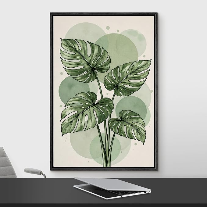 Woodrose Framed Canvas Print Wall Art Green Monstera Leaves Botanical Illustrations Modern Art Minimalist 3D Colorful Ultra for Living Room, Bedroom, Office - 24"x36" BLACK