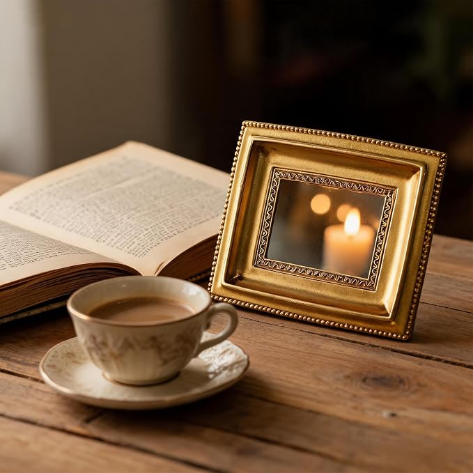 Golden Mini Vintage Mirror with Exquisite Relief Elegant Wall Decor for Bedroom Dresser Table Compact Resin Retro Design (Gold Rectangle, 4.5X5.5)