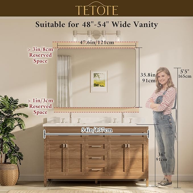 TETOTE 48 x 36 Inch Gold Bathroom Mirror, Champagne Gold Brushed Metal Framed Modern Vanity Mirror, Brushed Brass Rectangle Decorative Wall Mirrors Shatterproof (Horizontal/Vertical)