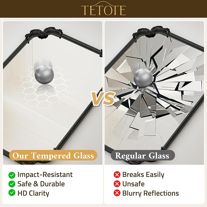TETOTE Vintage Antique Black Rectangle Mirror for Mantle Fireplace 60 x 30 Traditional Baroque Ornate Scroll Wall Mirror with Metal Frame for Living Room Bedroom, Horizontal/Vertical