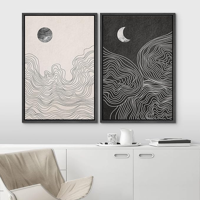 IDEA4WALL Framed Canvas Print Wall Art Set Watercolor Pastel Duotone Sun Moon Abstract Nature Illustrations Modern Art Chic Landscape Neon for Living Room, Bedroom, Office - 24"x36"x2 Black