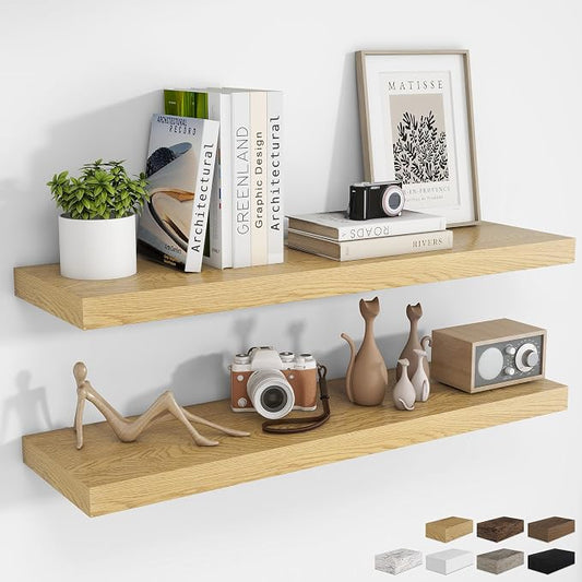 RICHFOCUS 40Inch Floating Shelves for Wall 2 Pack Shelves for Bedroom|Kitchen|Bathroom Wall Mounted Rustic Wood Floating Shelf with Invisible Brackets for Books|Storage|Decor, Oak