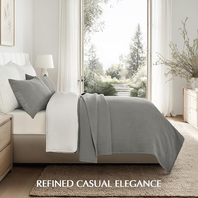 EVERGRACEHOME Cotton Gauze King Bedspread, Ultra Soft Prewashed Pick Stitch Matelassé Coverlet, Lightweight Textured Oversized King Quilt Bedding Set for All Season, with 2 Shams, Fog Gray