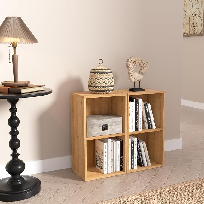 Wooden 2 Cube Storage Organizer, 2 Tier Storage Cubes Storage Display Cubby, Versatile Cubes Shelf and Cubby Organizer for Any Space (Oak, 2 Cube-W(11.8inch)