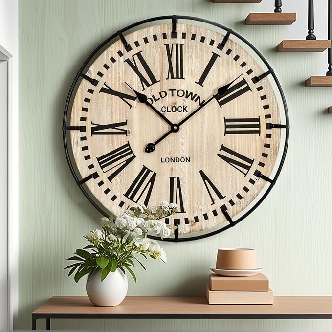 Rustic Farmhouse Wall Clock 24 Inch, Vintage Oldtown London Wooden Large Clock with Silent Tick, for Bedroom, Office, Kitchen, Indoor Home Decoration