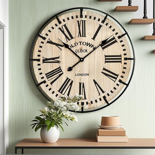 Rustic Farmhouse Wall Clock 24 Inch, Vintage Oldtown London Wooden Large Clock with Silent Tick, for Bedroom, Office, Kitchen, Indoor Home Decoration